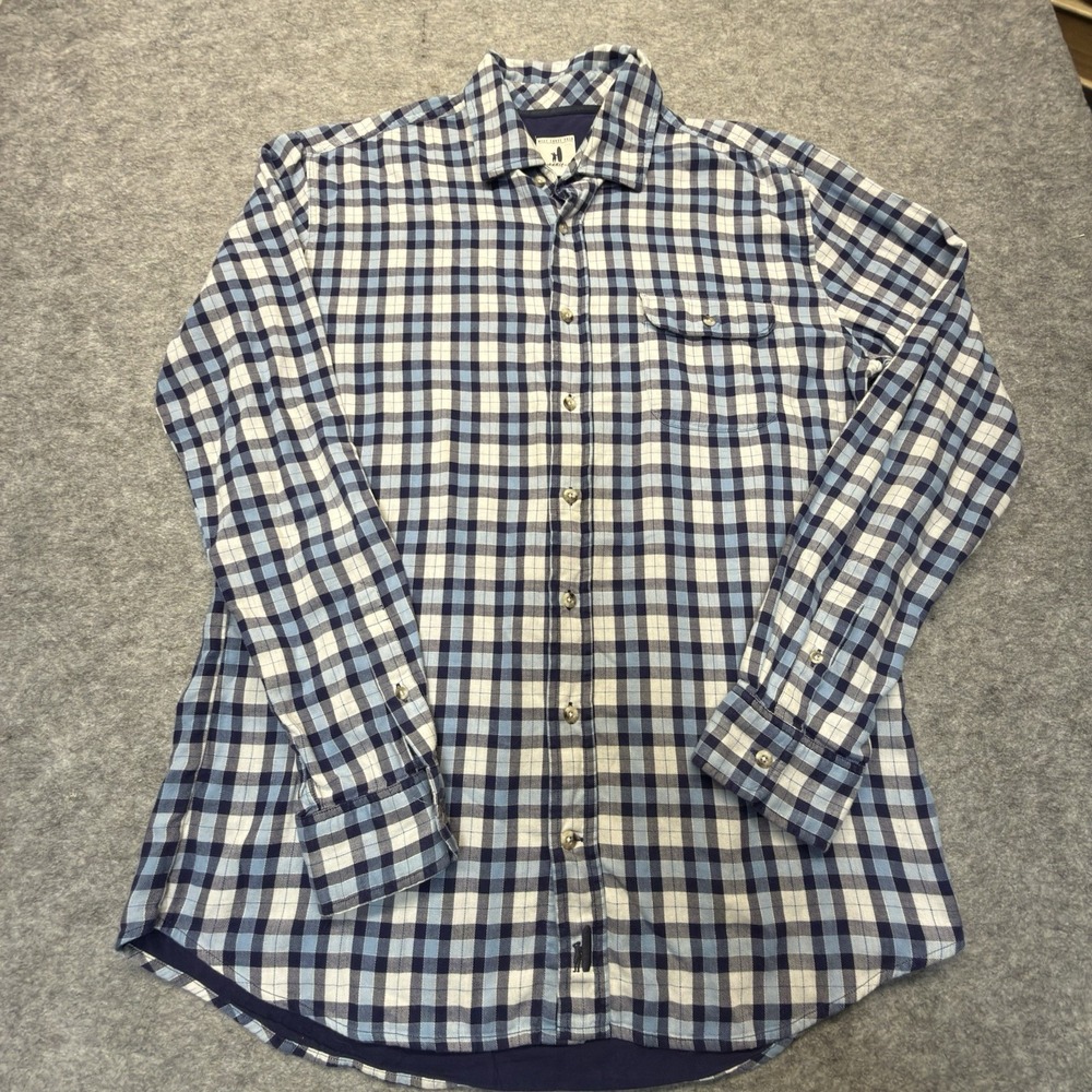 johnnie-O Flannel Shirt Men L Surfer Logo Cotton Blue Plaid Button Up
